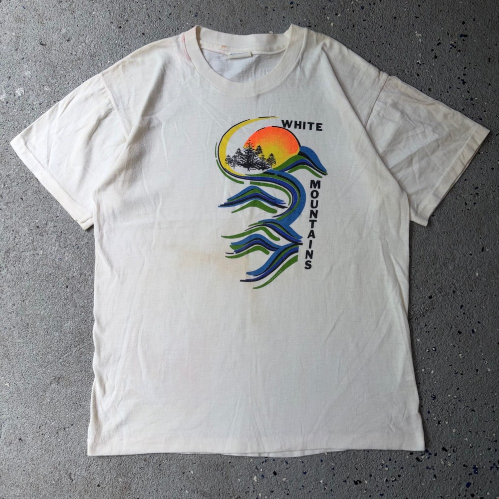 Vintage Enco Originals White Mountains Graphic T Shirt White Large Single Stitch